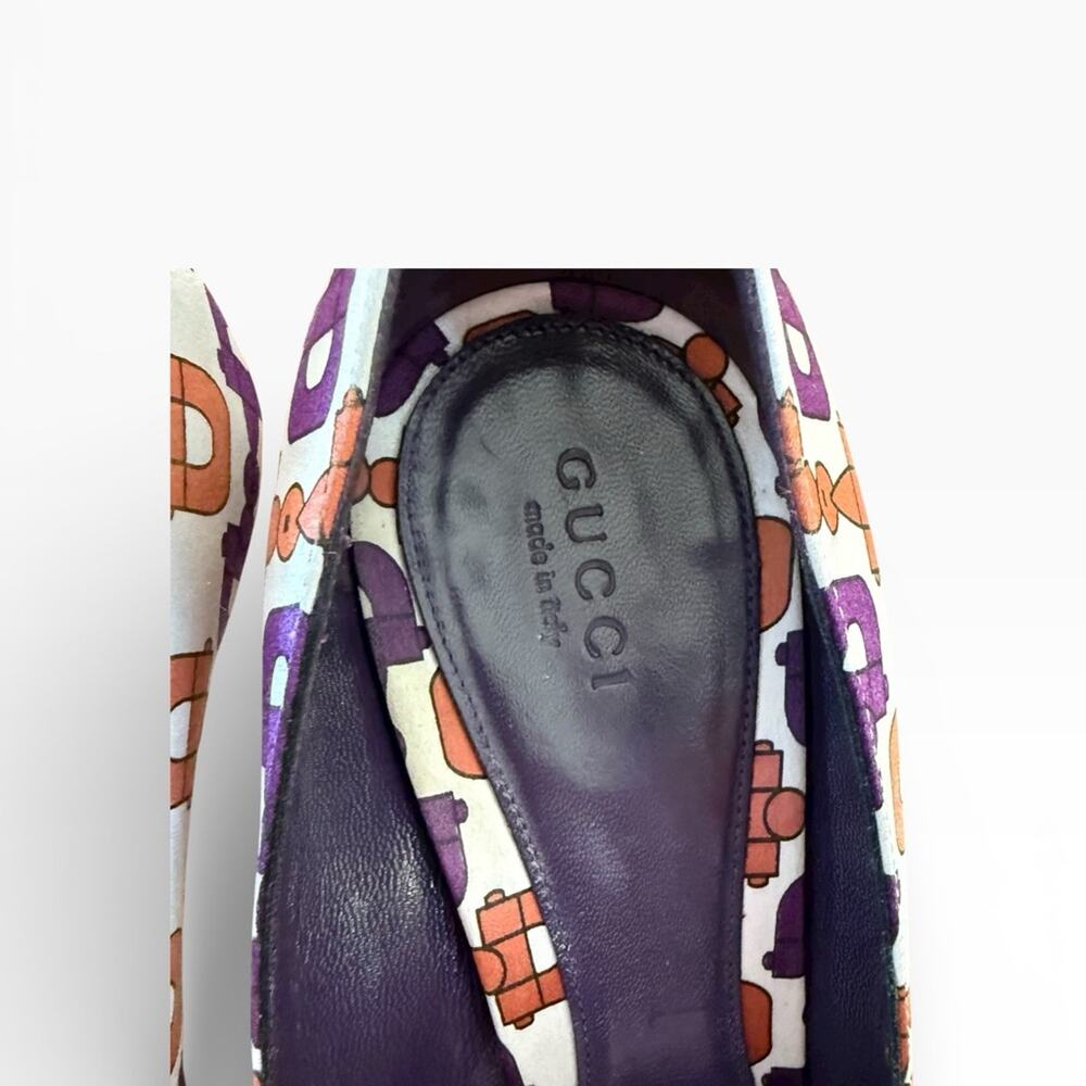 Gucci Crystal Embellished Horsebit Satin Open Toe Pumps Karung Print Size 9 - Picture 7 of 15